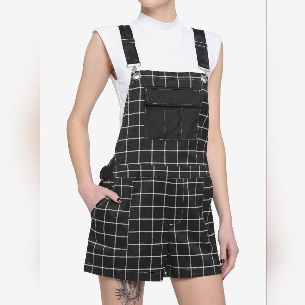 Hot Topic Rayon Overalls Plaid Black Silver Shortalls SMALL Punk 90s Retro